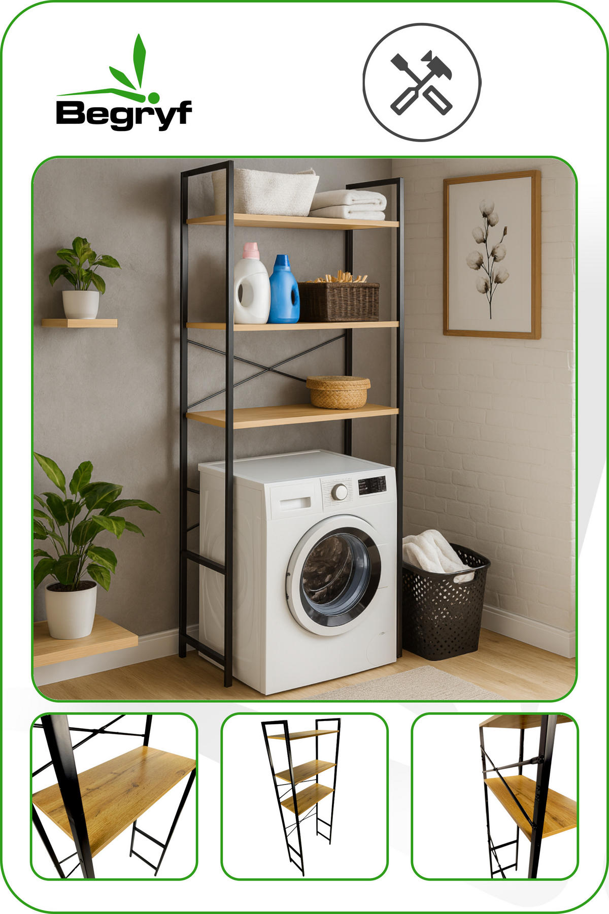 STANDREGAL Holzoptik Metall Eichefarben Schwarz für Waschmaschine 186×66×30 cm - Eichefarben/Schwarz, Holzwerkstoff/Metall (66/186/30cm) - Begryf