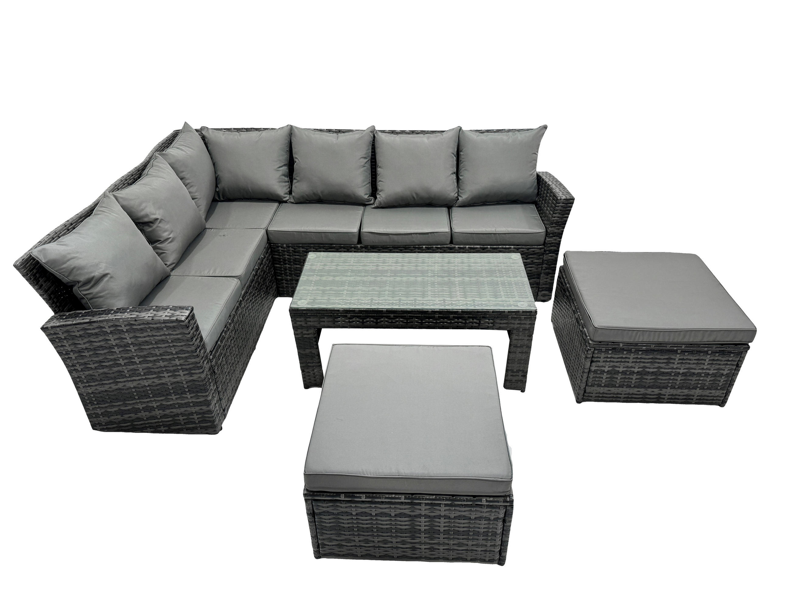 GARTENLOUNGE mit Ecksofa Polyrattan Dunkelgrau 8-Sitzer - Dunkelgrau/Grau, Glas/Kunststoff - Fimous