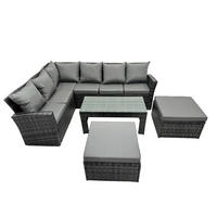 GARTENLOUNGE mit Ecksofa Polyrattan Dunkelgrau 8-Sitzer - Dunkelgrau/Grau, Glas/Kunststoff - Fimous