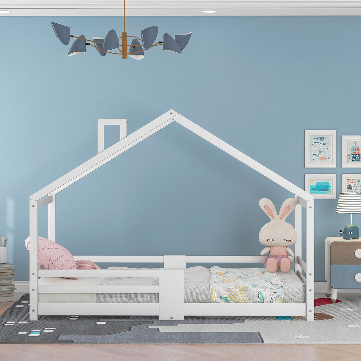 HAUSBETT 90/200 cm Weiß mit Rausfallschutz aus Kiefernholz - Weiß, Holz (90/200cm) - OKWISH