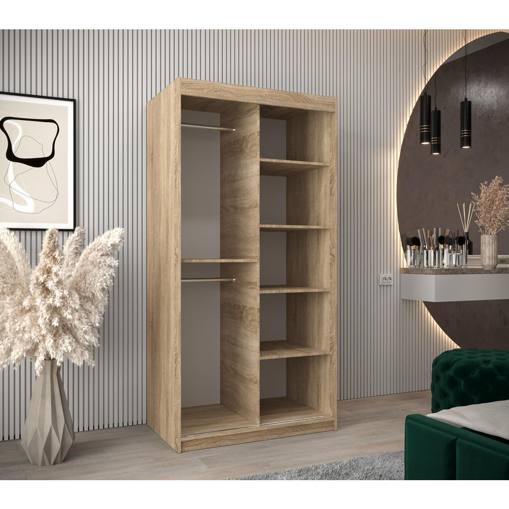 Thumbnail - Abiks Möbel Schwebetürenschrank, Sonoma Eiche, Weiß, Kunststoff, Nachbildung,Eiche, 5 Fächer, 100x200x62 cm, Schlafzimme...