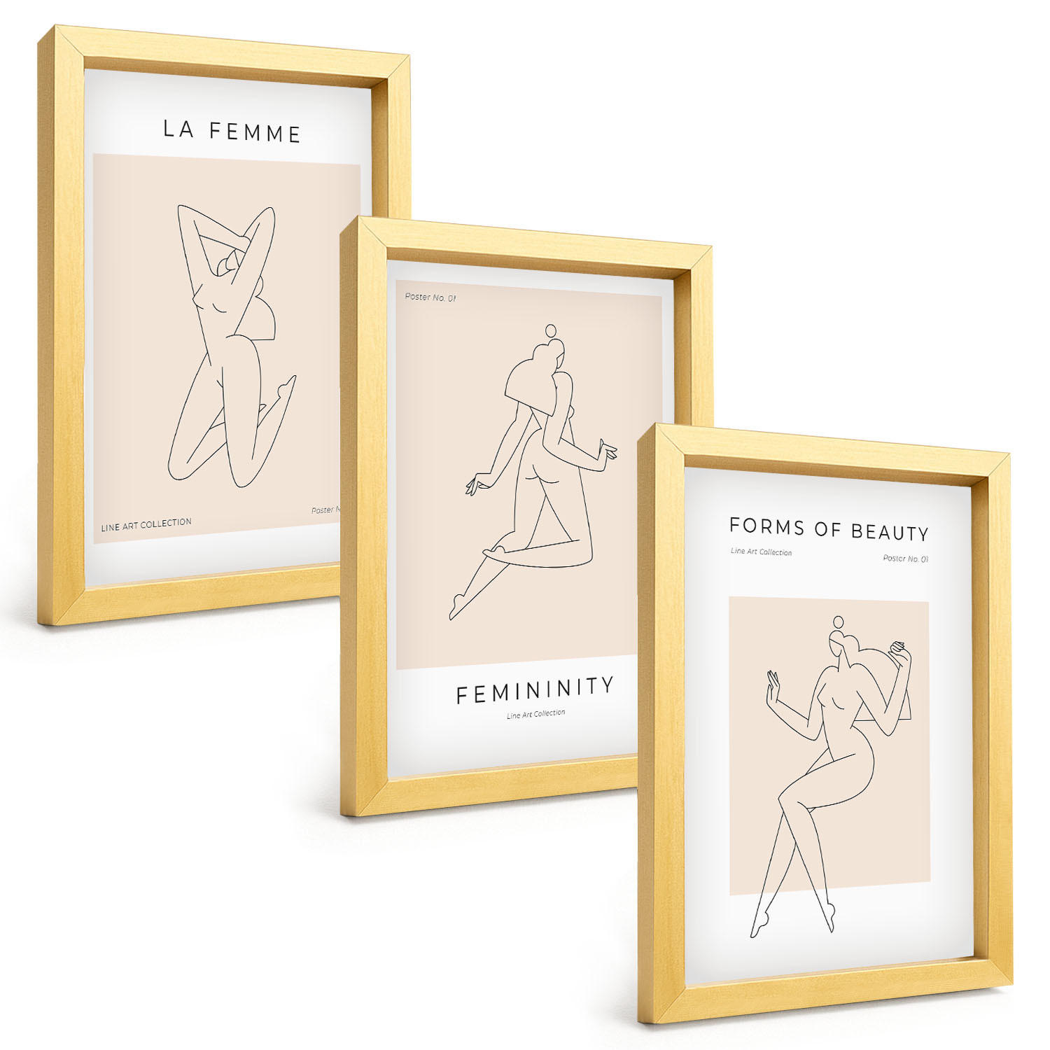 BILDER SET 3er Set - 20x30 cm Goldrahmen - Poster mit minimalistischen Frauensilhouetten - Goldfarben, Kunststoff (20/30cm) - TULUP