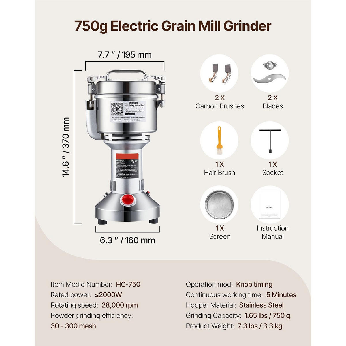 GETREIDEMUHLE Elektrische 750g Edelstahl 2000W - Silberfarben, Metall (20.01/41/20.01cm) - Rolipo