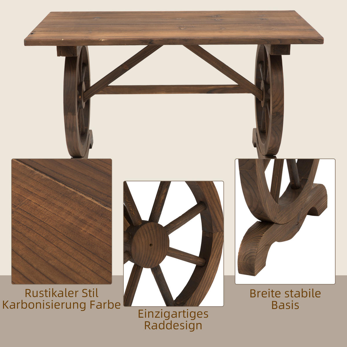 GARTENTISCH DE-07295 mit Räderform und Massivholz Natur - Naturfarben, Holz (110/60/65cm) - ComfortXL