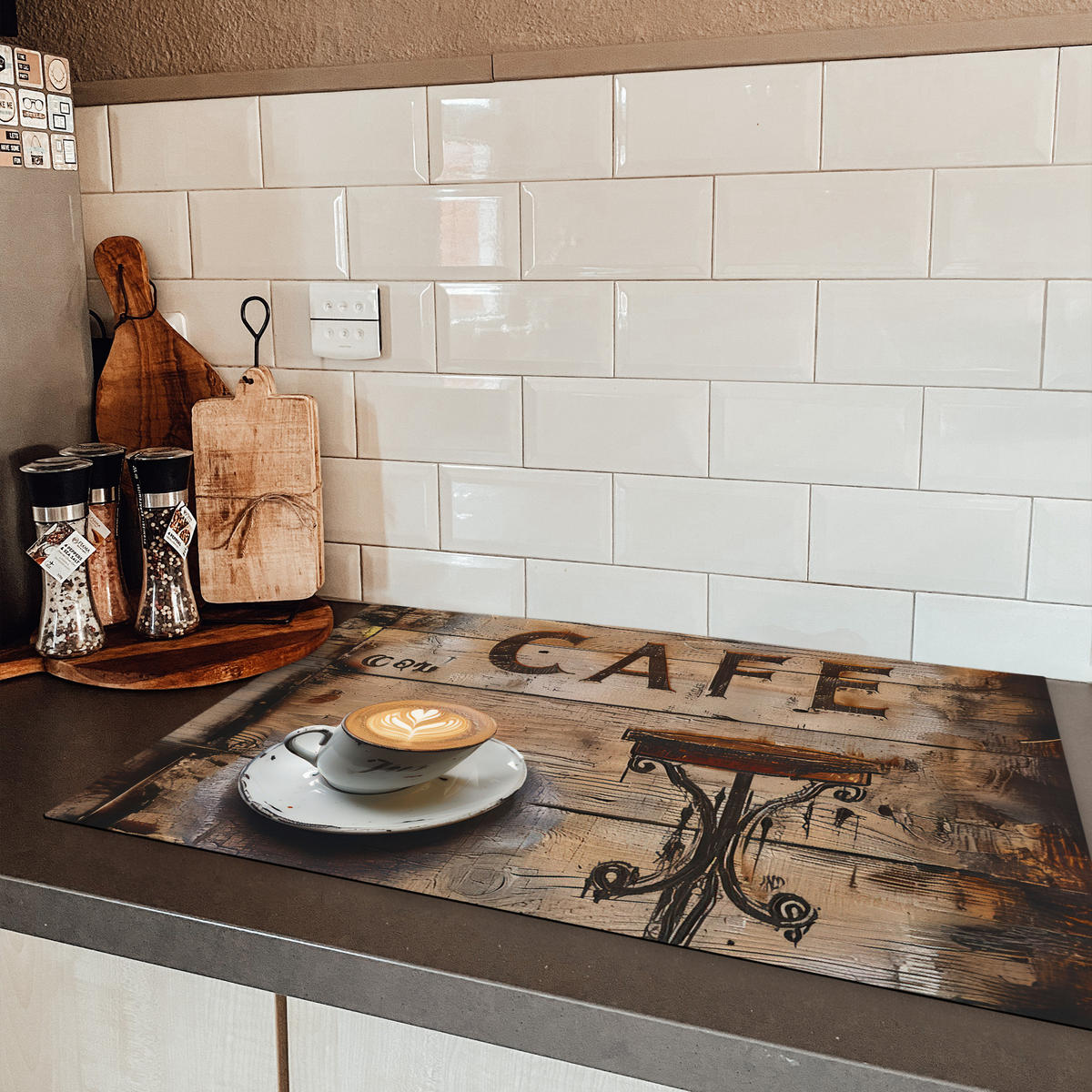 HERDABDECKPLATTE Cafe - Holz - Kaffee - Regale Induktionsschutz 80x52.2 cm - Schwarz, Kunststoff (80.2/52.2/0.2cm) - MuchoWow