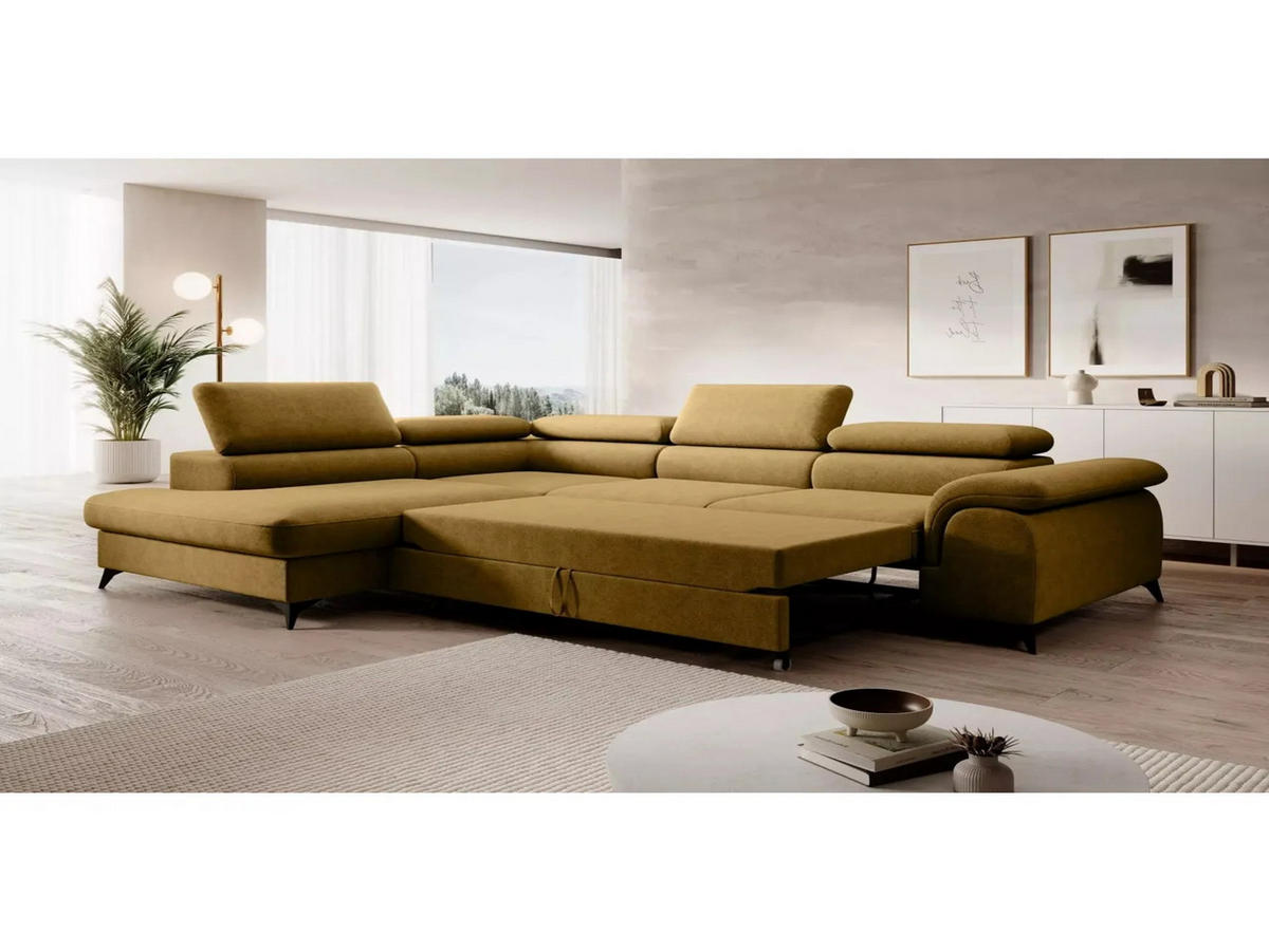 ECKSOFA PLAZA L Links mit Schlaffunktion 125x195 Velours Gold - Goldfarben/Schwarz, Holz/Kunststoff (205/275cm) - Muffo