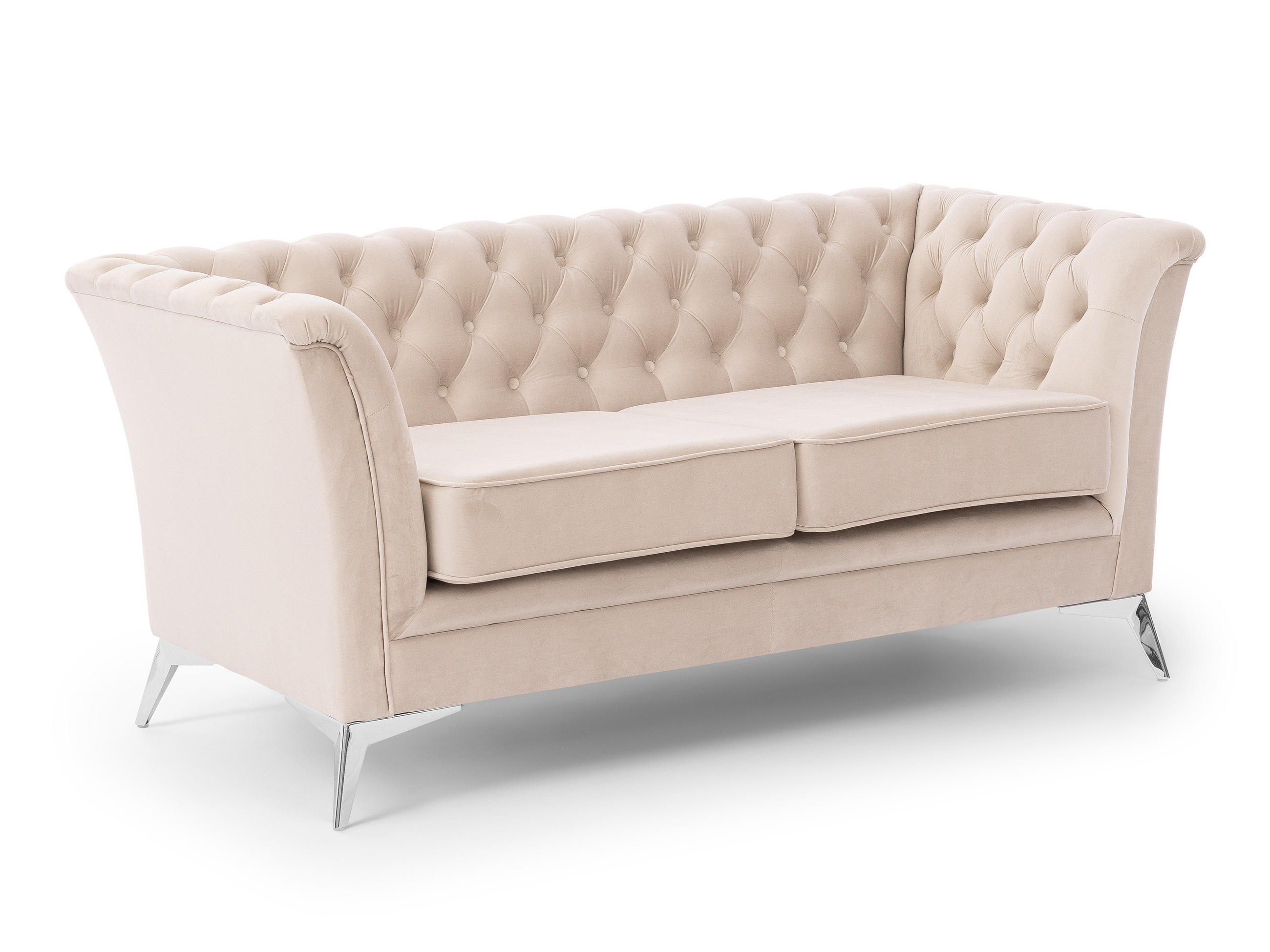 CHESTERFIELD-SOFA 2-sitzer Whitby Beige Samt mit silbernen Füßen - Beige/Silberfarben, Holz/Textil (175/78/82cm) - S-Style Möbel