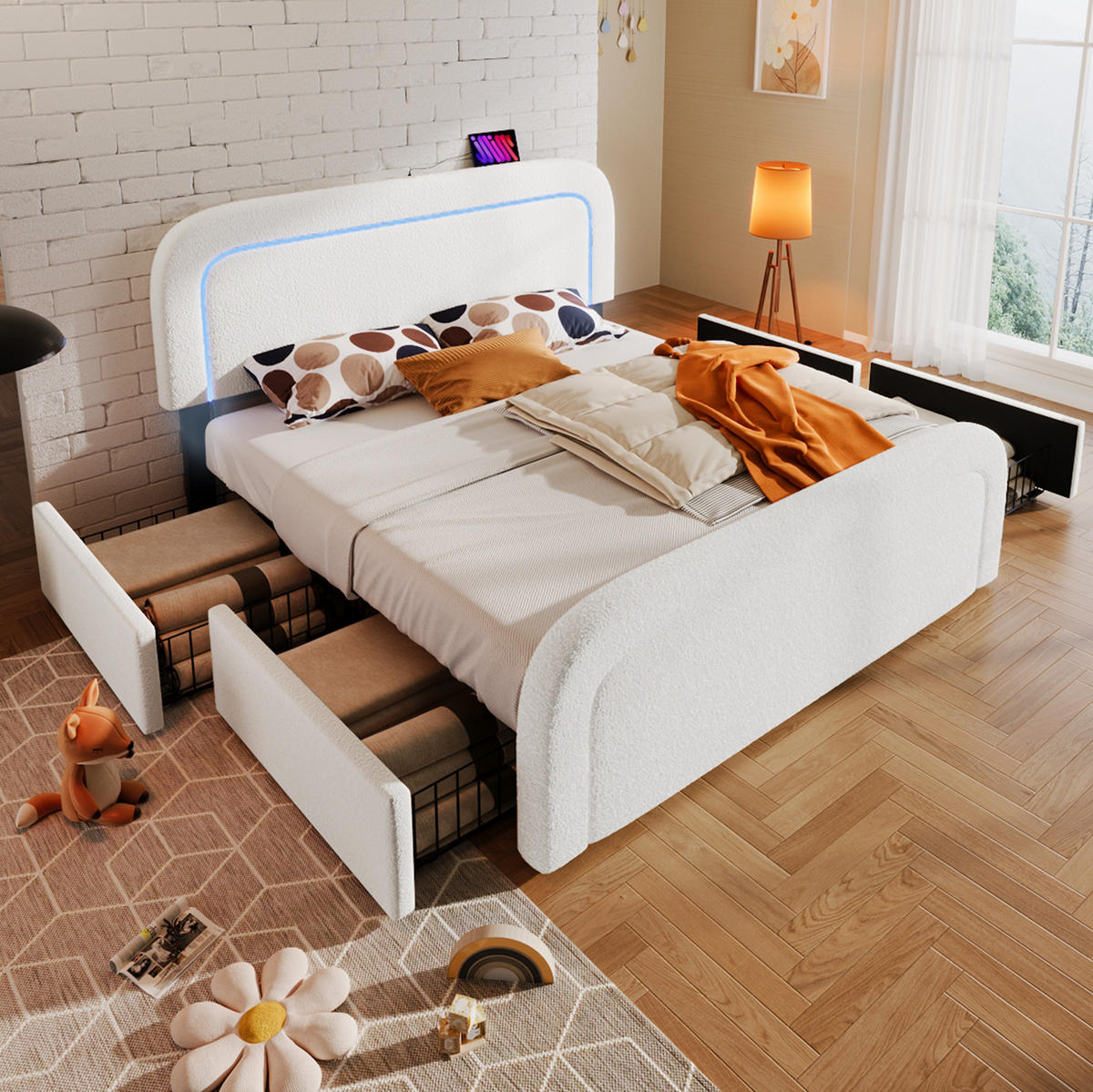 POLSTERBETT mit LED, USB und 4 Schubladen 140x200 cm Sherpa Weiß inkl. Matratze - Weiß, Metall (140/200cm) - Meubliv