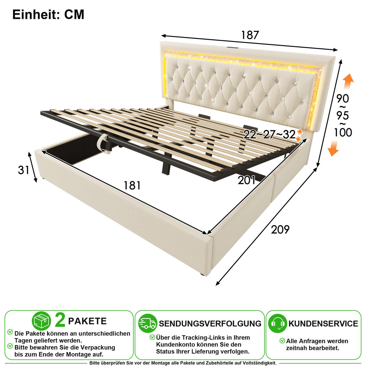 POLSTERBETT 180/200 cm in Beige mit Bettkasten, LED und USB-C Samt - Beige, Holzwerkstoff/Textil (180/200cm) - CHICFURN