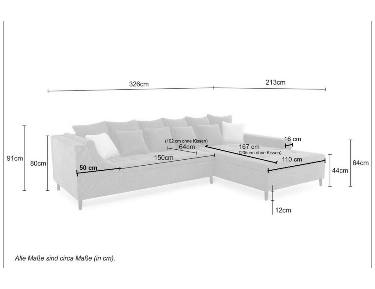 ECKSOFA mit dekorativen Steppungen und Rutschenlehne, seitenverkehrt montierbar B326/T213/H91 cm, Cord Grau Anthrazit / 15222 - Schieferfarben/Anthrazit, Textil/Metall (326/213cm) - luma-home