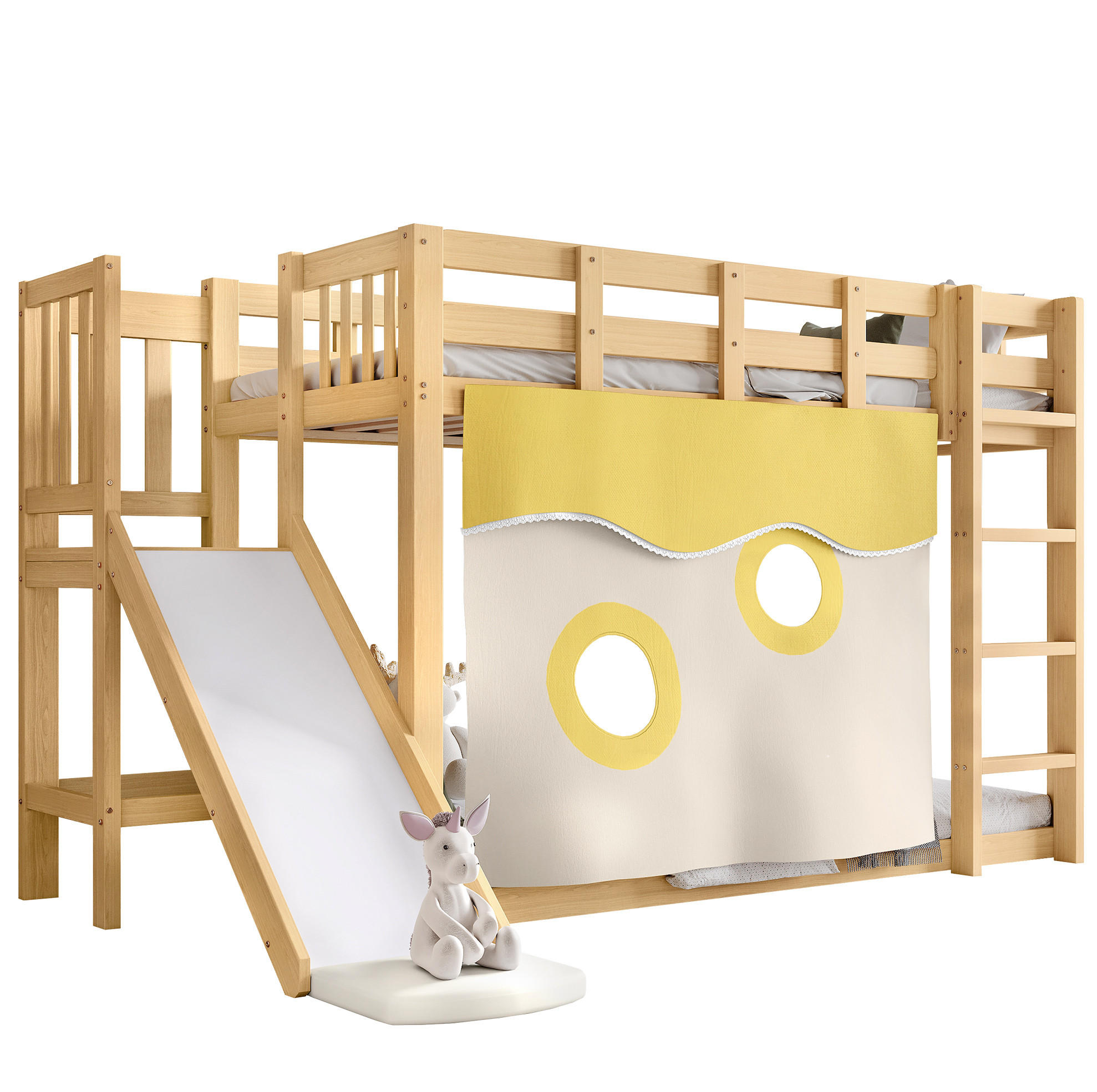 ETAGENBETT 90/200 cm aus Kiefer und MDF mit Treppe, Rutsche und Bettvorhang Natur - Naturfarben, Holzwerkstoff (90/200cm) - Modenvie