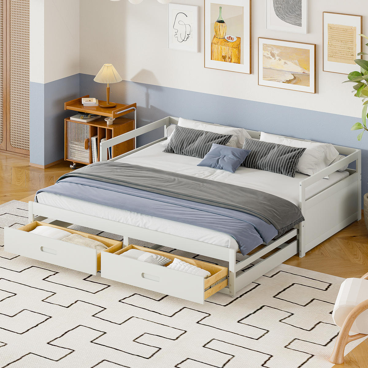 BETT ausziehbar mit Stauraum Kiefernholz weiß 90/200 cm - Weiß, Holz (90/200cm) - OKWISH