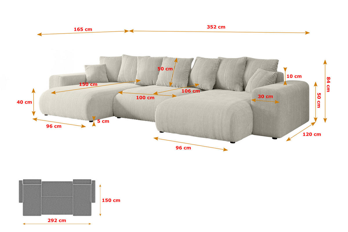 WOHNLANDSCHAFT mit Schlaffunktion und Bettkasten ESKAR-U -352x165x84cm Grau Cord - Hellgrau/Schwarz, Holzwerkstoff/Kunststoff (352/84/165cm) - ALTDECOR