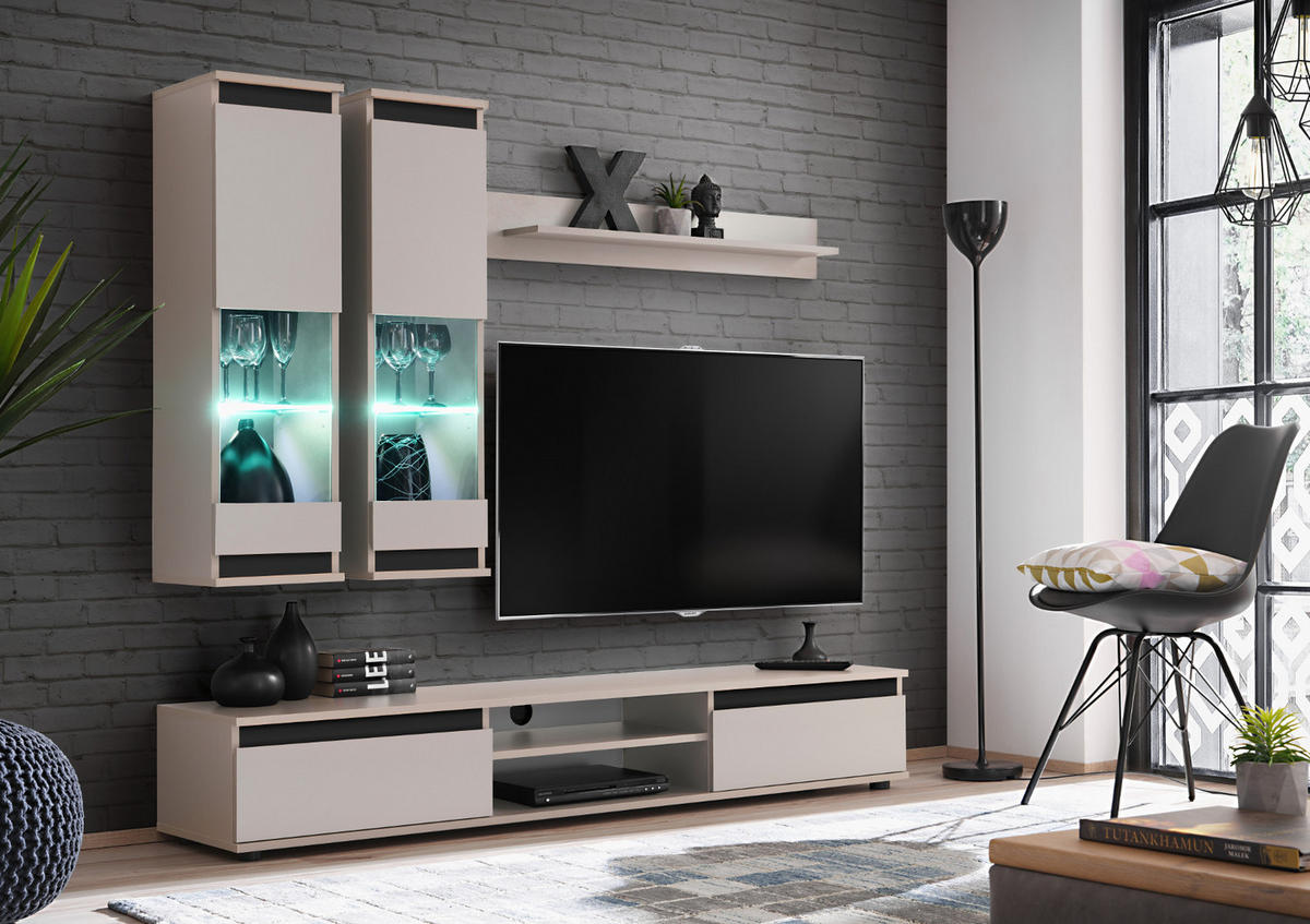 WOHNWAND Kaschmir, schwarz 4-teilig 175 cm, Schrankwand mit LED-Beleuchtung - Kaschmir/Schwarz, Glas/Holzwerkstoff (175/150/37cm) - Inn.Furn