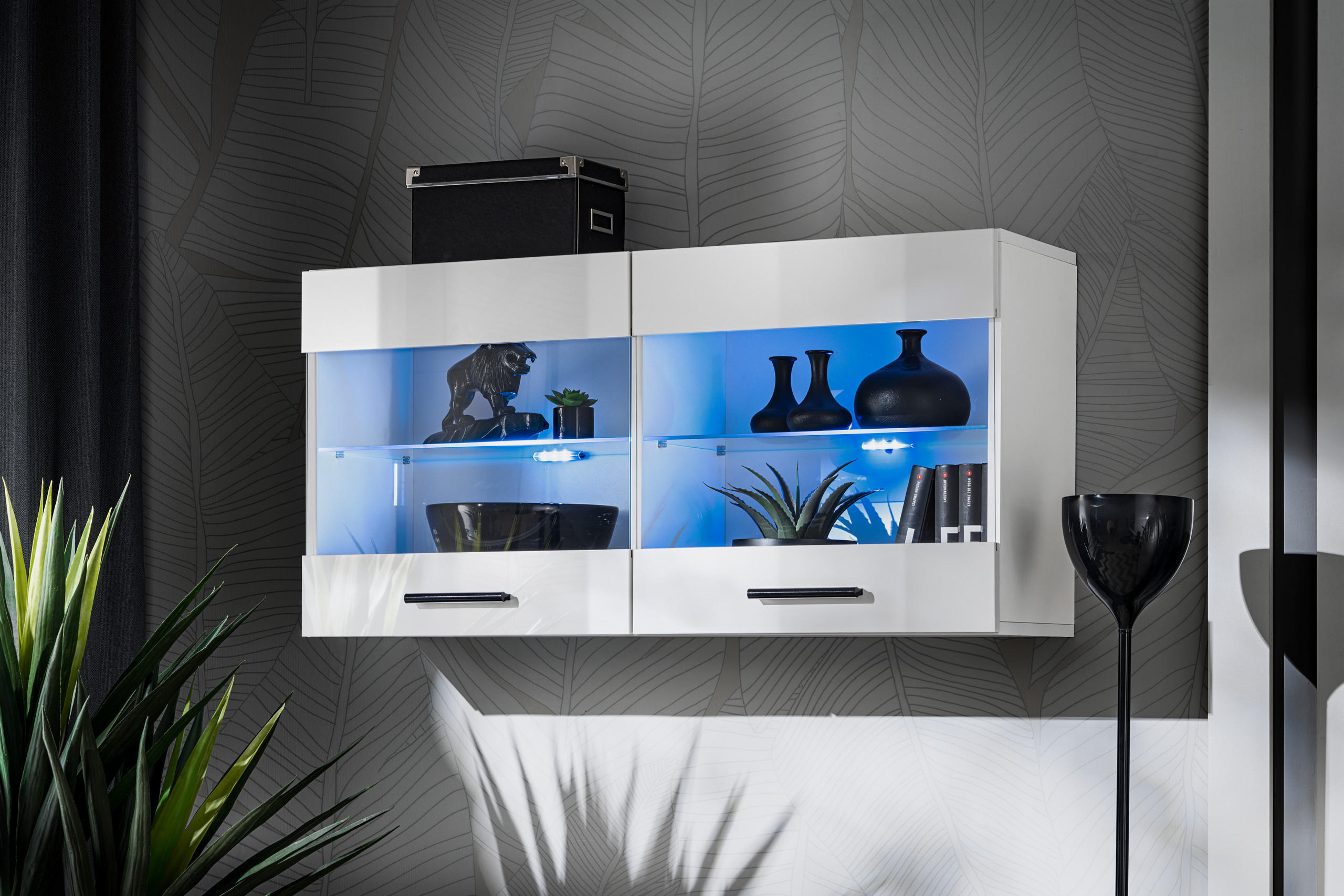 HÄNGEVITRINE SAVONA, Weiss, LED Blau - Schwarz/Weiß, Glas/Holzwerkstoff (100/50/27.2cm) - Komodee