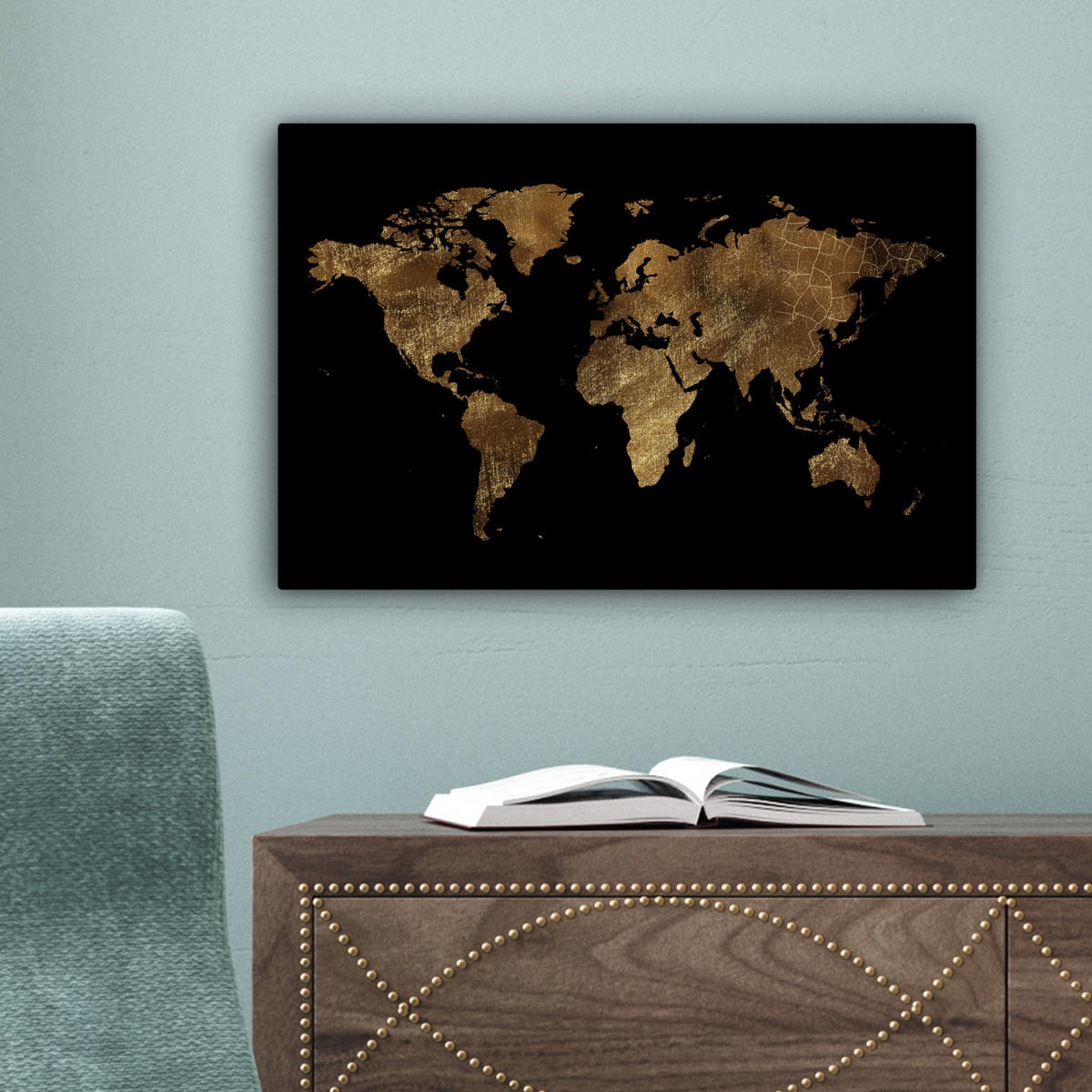 LEINWANDBILD Weltkarte - Gold - Luxus - Erde - Schwarz 30x20 cm - Goldfarben, Textil (30/20cm) - MuchoWow