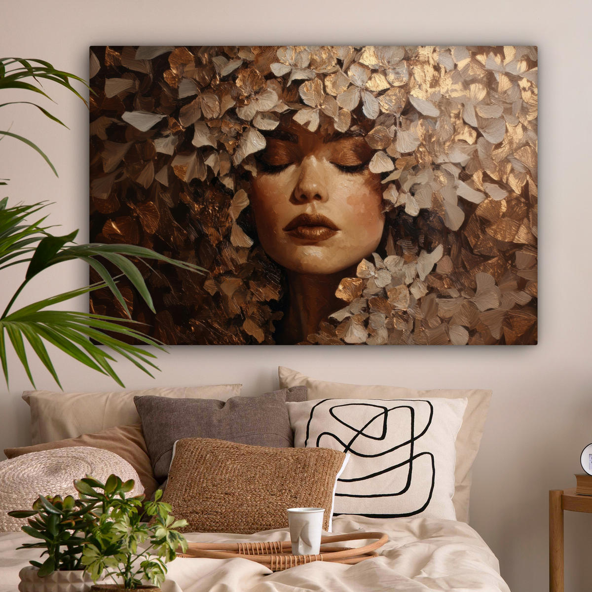 LEINWANDBILD Gesicht - Dame - Blätter - Pinselstriche XXL 150x100 cm - Goldfarben, Textil (150/100cm) - MuchoWow