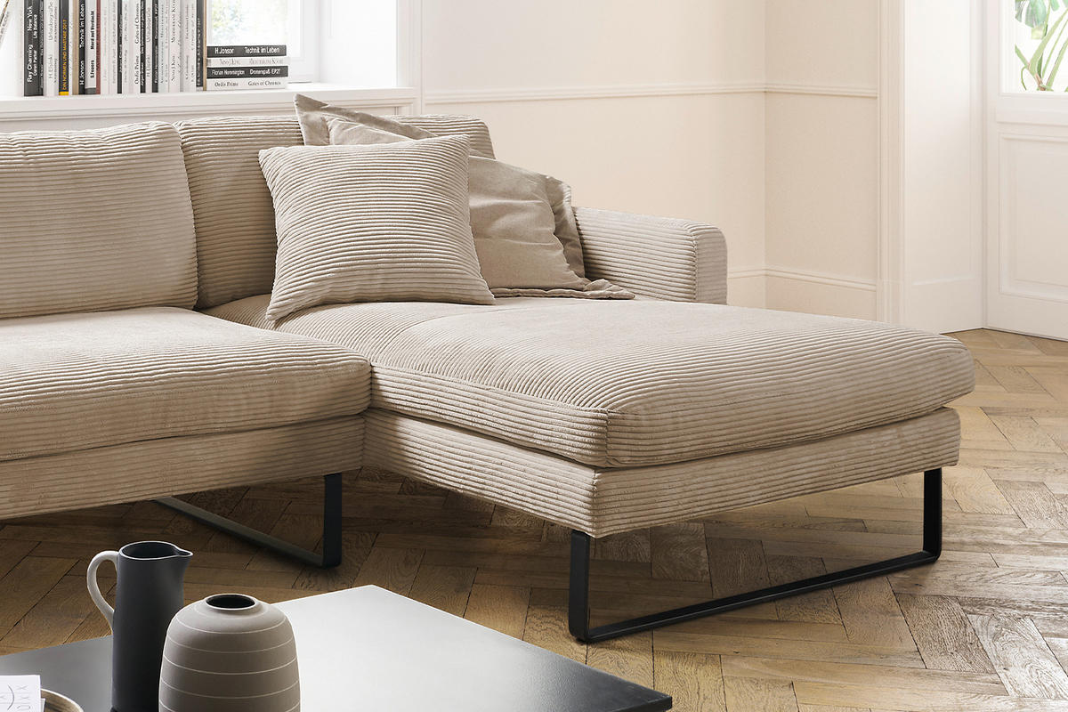 ECKSOFA RICARDA Taupe Cord - Taupe/Schwarz, Textil/Metall (298/154cm) - KAWOLA