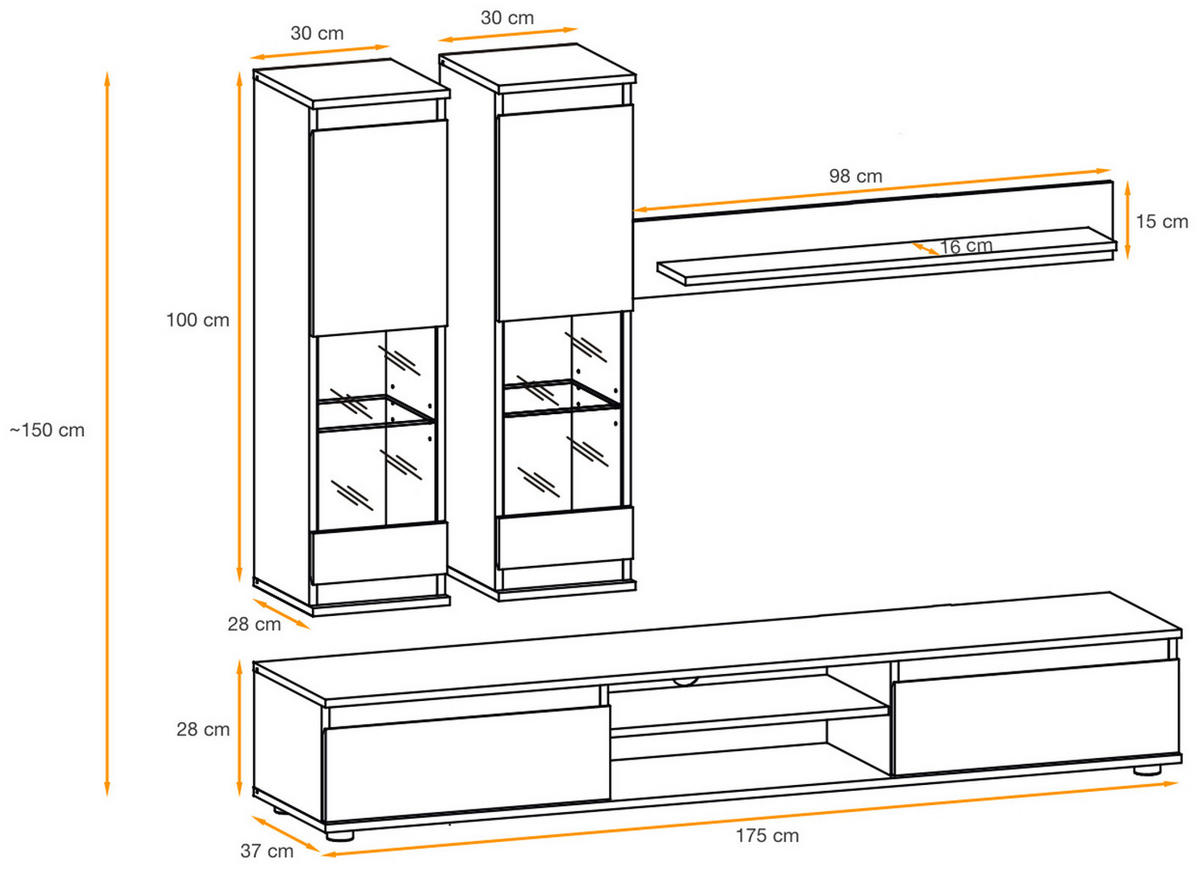 WOHNWAND Eiche Hickory, schwarz 4-teilig 175 cm, Schrankwand mit LED-Beleuchtung - Eichefarben/Schwarz, Glas/Holzwerkstoff (175/150/37cm) - Inn.Furn