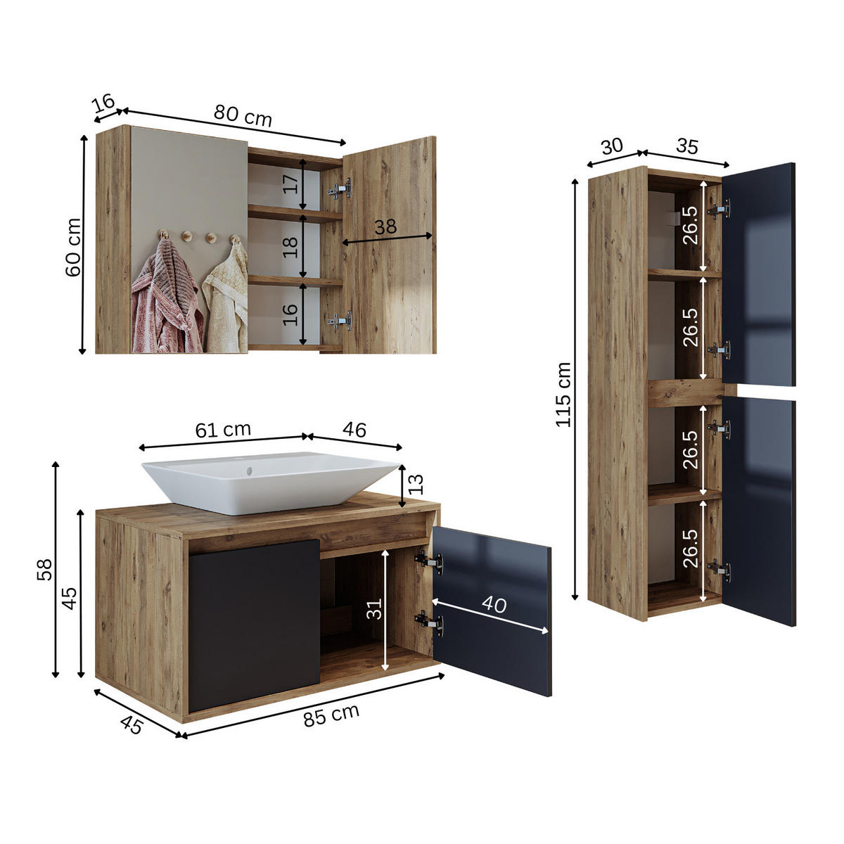 BADMÖBEL Set ATLANTIC-85 4-teilig - Anthrazit, Holzwerkstoff (85/150/45cm) - Roomart