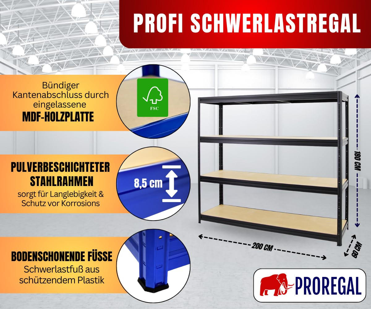 SCHWERLASTREGAL Dino 180x200x60 cm Fachlast 500 kg Schwarz - Schwarz, Metall (200/180/60cm) - PROREGAL