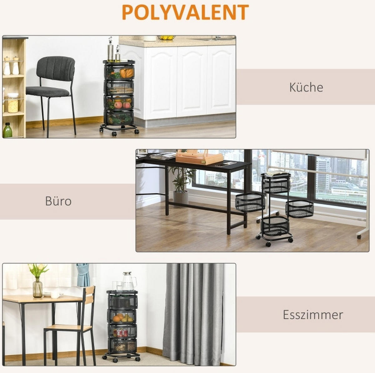 SERVIERWAGEN 33/33/77 cm mit Rollen und 4 Drahtkörben in Schwarz - Schwarz, Metall (33/77/33cm) - BEAOK