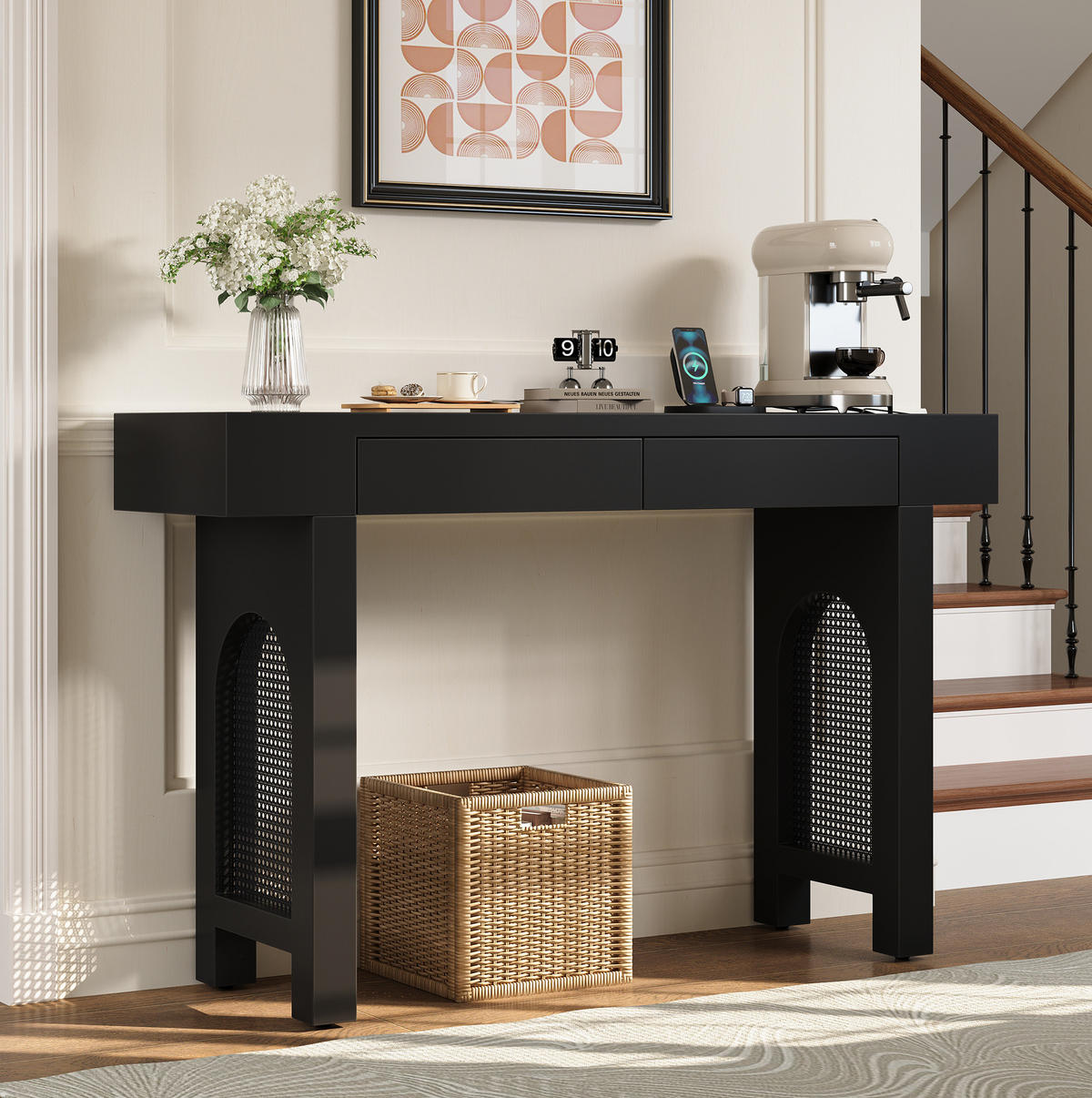 KONZOLNI stol 120/35,5/76,5 cm crni od MDF-a s 2 ladice i utičnicom - crna, drvni materijal (120/35.5/76.5cm) - OKWISH