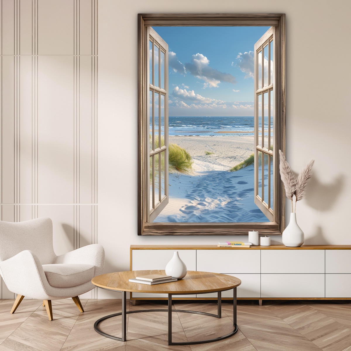 LEINWANDBILD Aussicht - Strand - Fenster - Dünen - Meer 90x140 cm - Hellblau, Textil (90/140cm) - MuchoWow