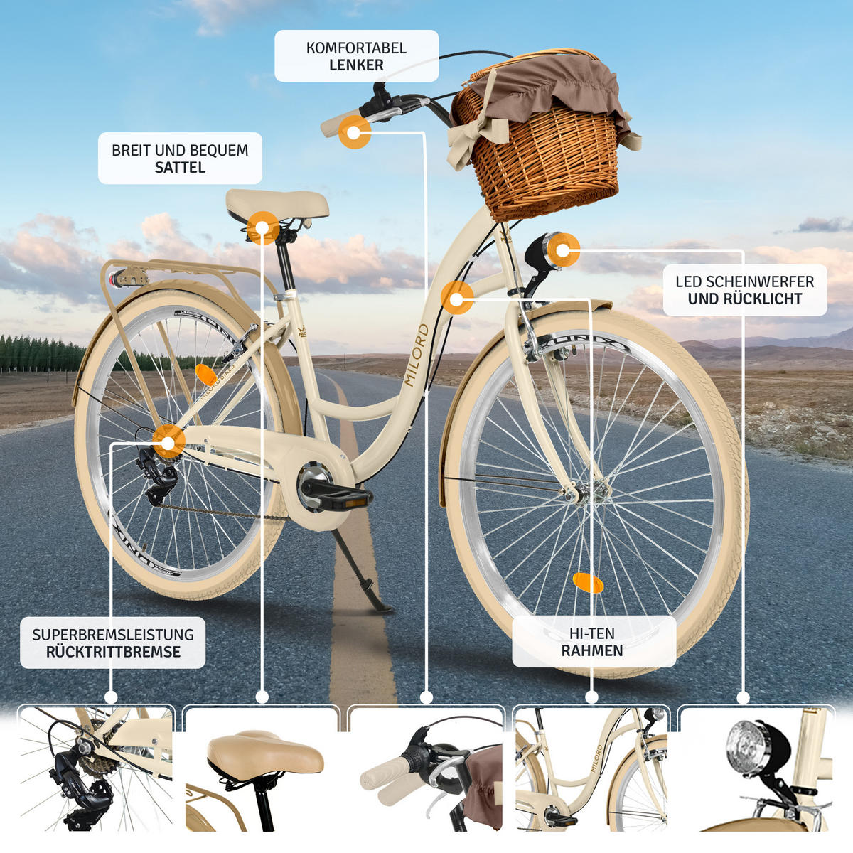 CITY-FAHRRAD Milord mit Weidenkorb, 28 Zoll, Creme-Braun, 7-Gang - Creme/Braun, Metall (46cm) - Milordbikes