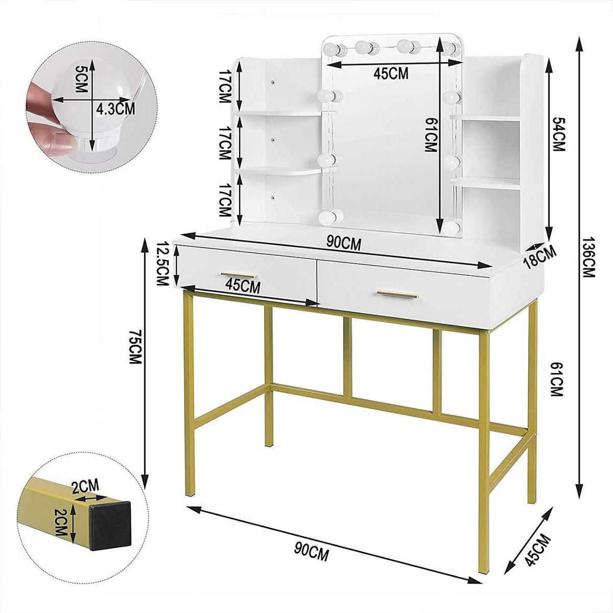 SCHMINKTISCH mit Spiegel LED-Beleuchtung, Metall, Weiß Gold - Goldfarben/Weiß, Holzwerkstoff/Metall (90/136/45cm) - Woltu