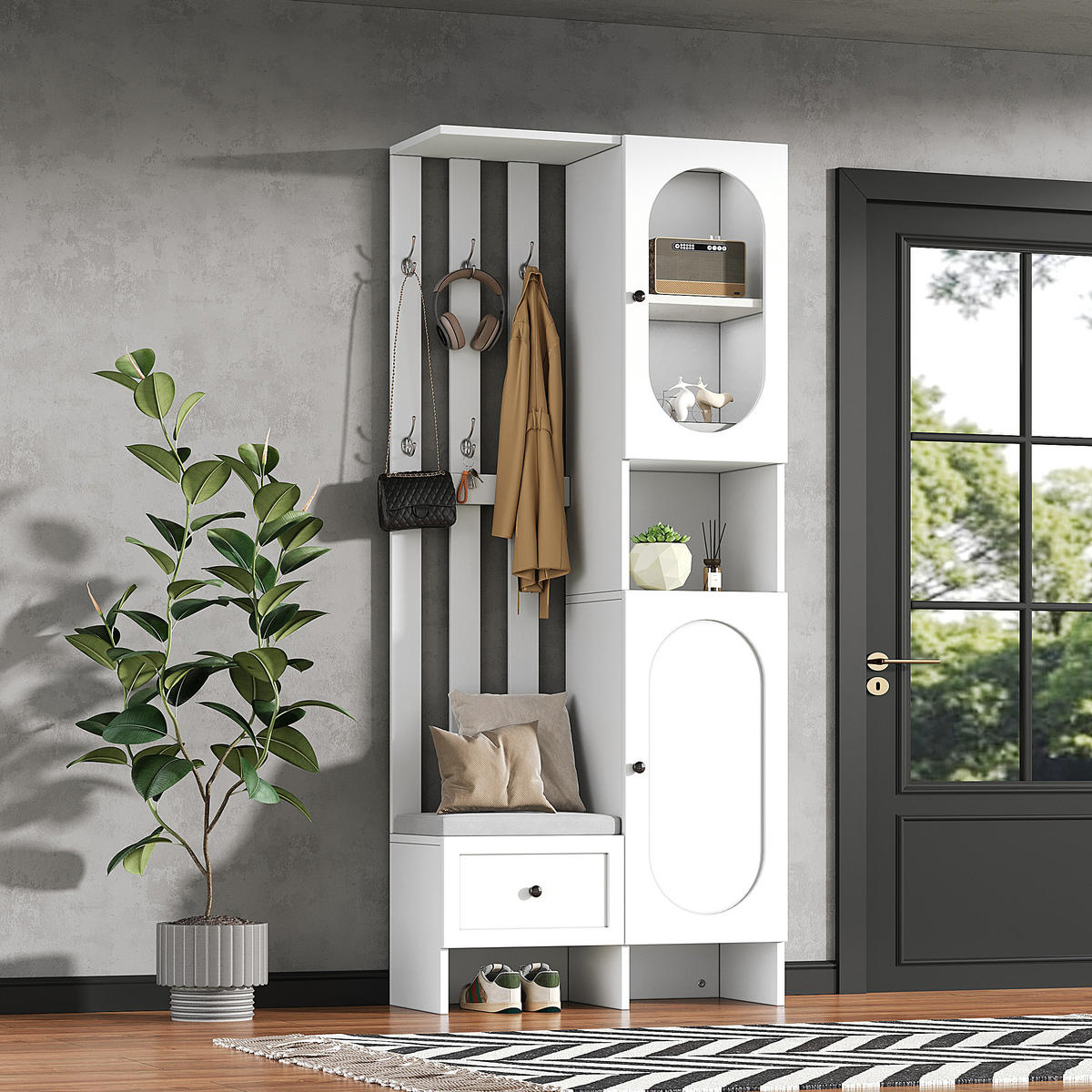 DIELENGARDEROBE 85/33,5/200 cm in Weiß mit 6 Haken und Schuhbank - Weiß, Holzwerkstoff (33.5/200/85cm) - BEAOK