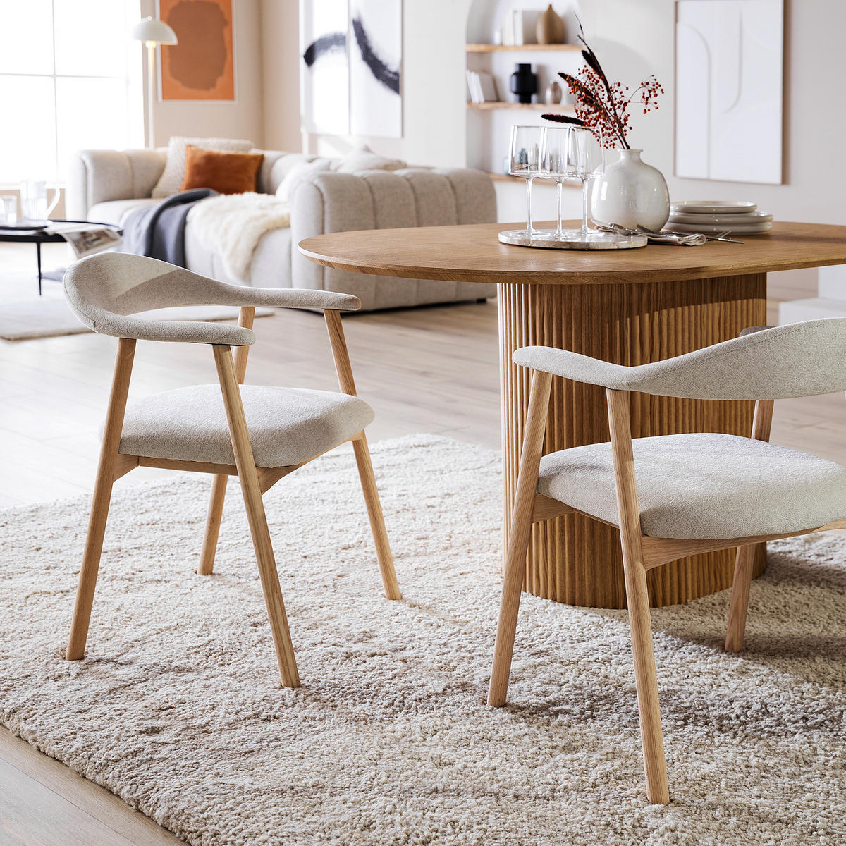 ARMLEHNENSTUHL - 2er-Set - Eiche Bianco/Beige, Eichenholz/Holz (56/76/54cm) - home24
