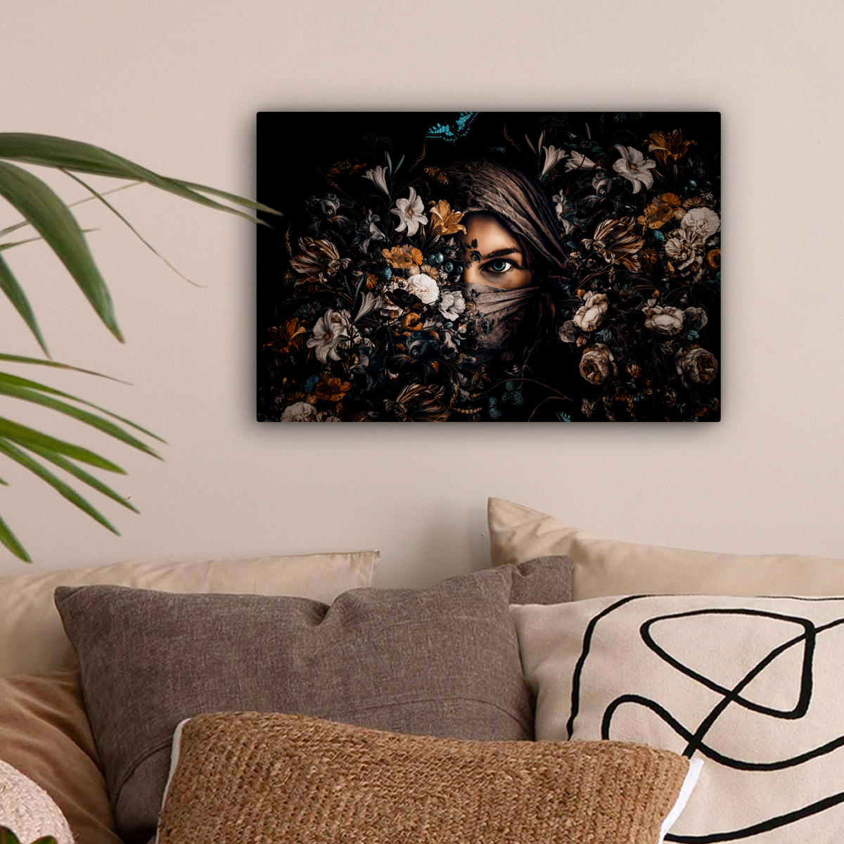 LEINWANDBILD Frau - Luxus - Blumen - Schmetterling - Porträt Deko Schlafzimmer 30x20 cm - Schwarz, Textil (30/20cm) - MuchoWow