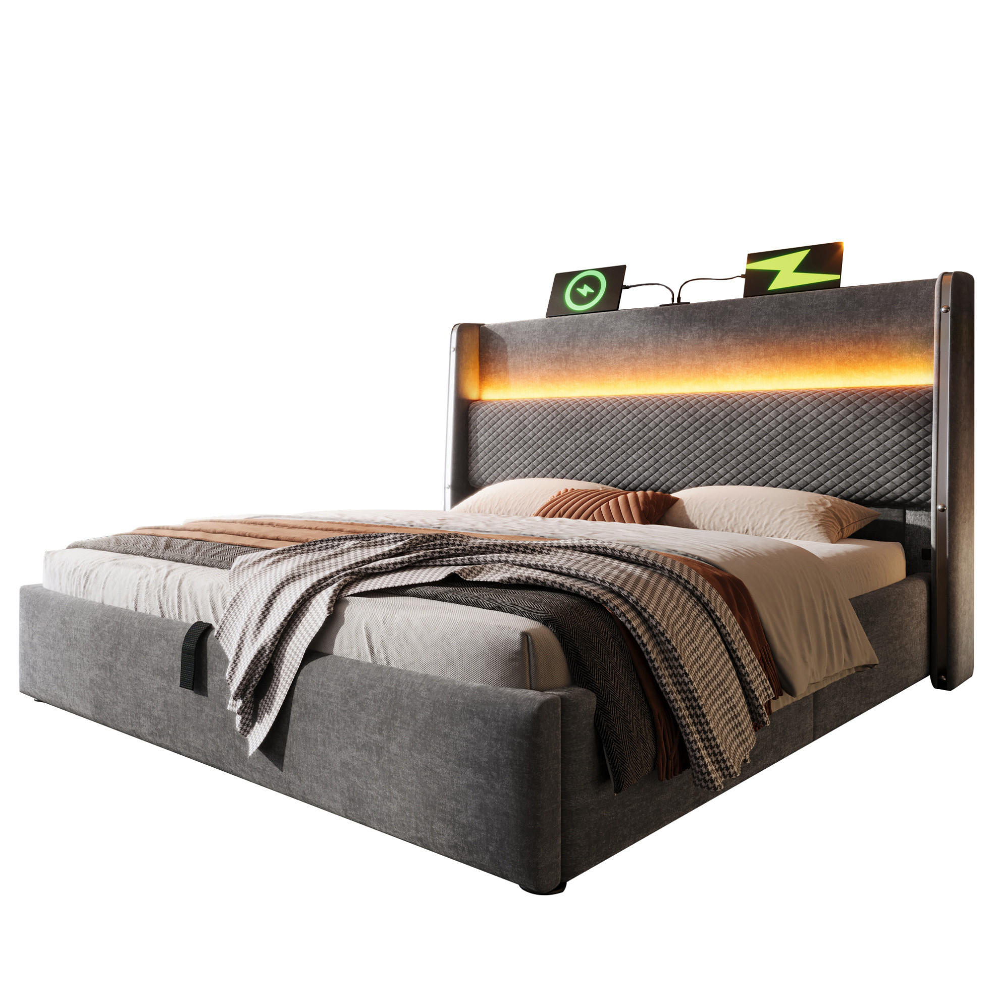 ČALOUNĚNÁ postel 180/200 cm šedá z lnu s LED osvětlením, USB a úložným prostorem - šedá, textil (180/200cm) - OKWISH
