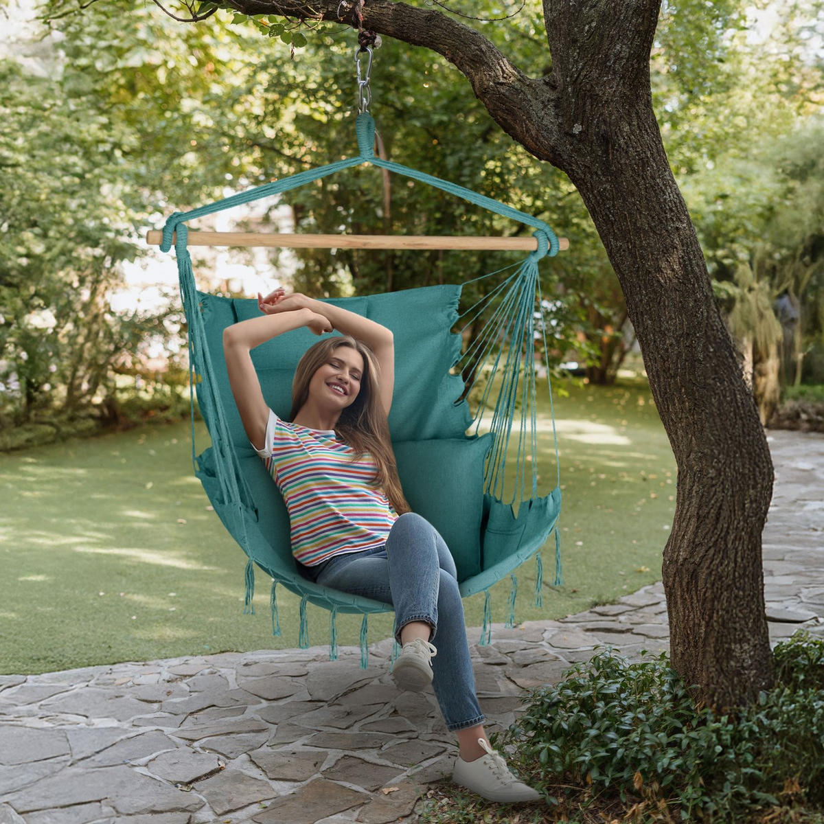 HÄNGESESSEL mit 3 Kissen 75/100/130 cm, bis 140 kg - Grün, Textil (100/130/75cm) - Outtec