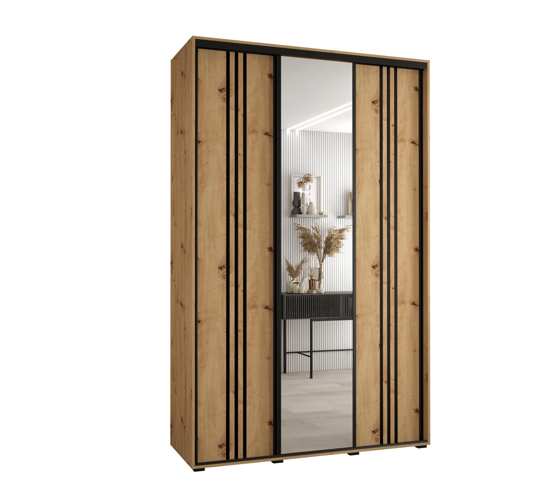 Abiks Möbel Schwebetürenschrank Eiche Artisan, Eiche Artisan, Schwarz 160x235x60 cm
