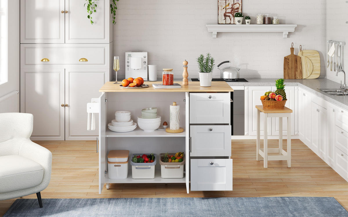 KÜCHENINSEL 135/44(70)/90 cm Weiß/Natur aus MDF mit Klappfunktion - Weiß, Holzwerkstoff (44/90/135cm) - OKMYHOME