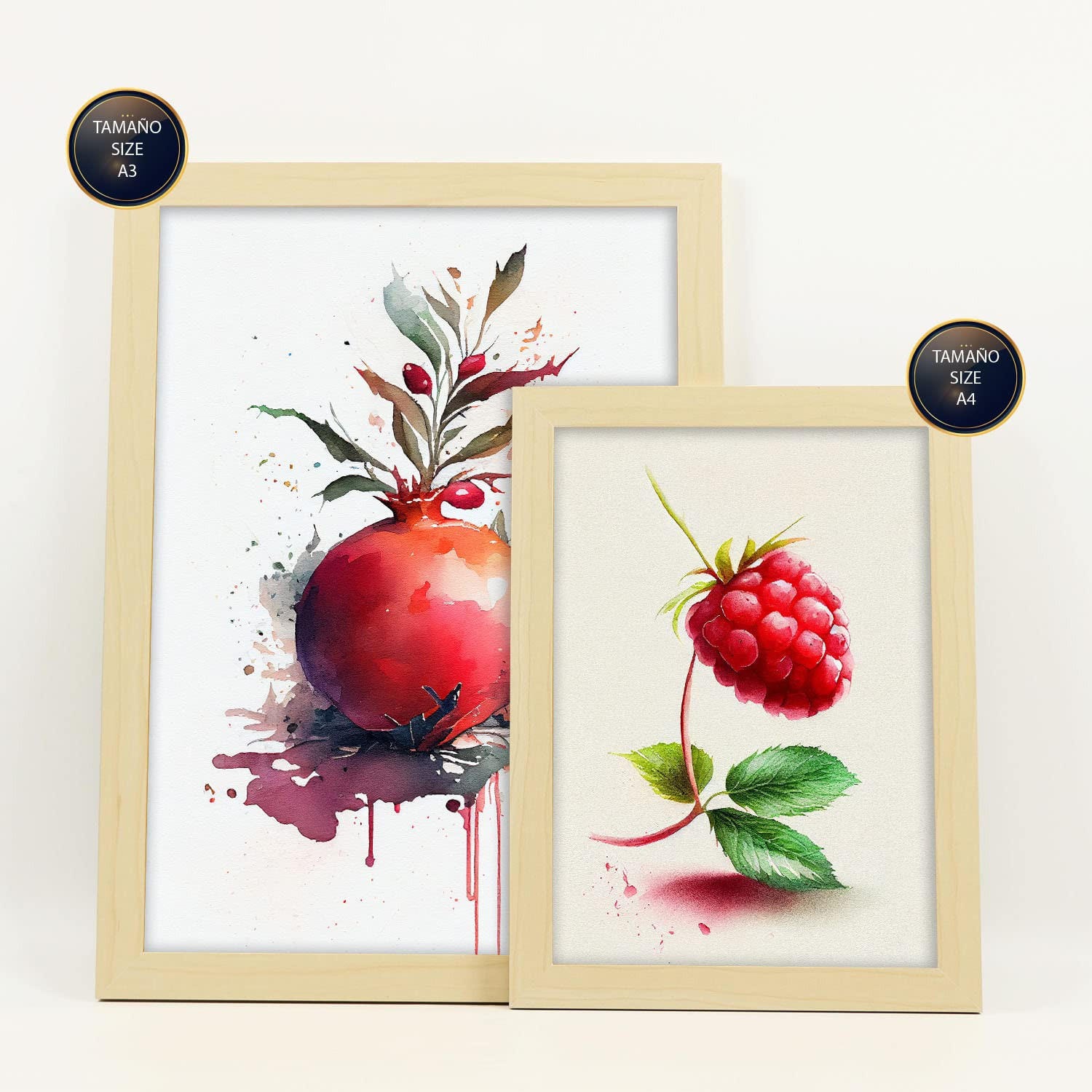 POSTER Set Mit 6 Sommerfrüchte Plakate Von Obst Gemüse & Gesunden Lebensmitteln Im Aquarell Kunst Auf Reinweißen A3 & A4 Rahmen Aus Hellem Holz - Beige, Papier (29/3cm) - Nacnic