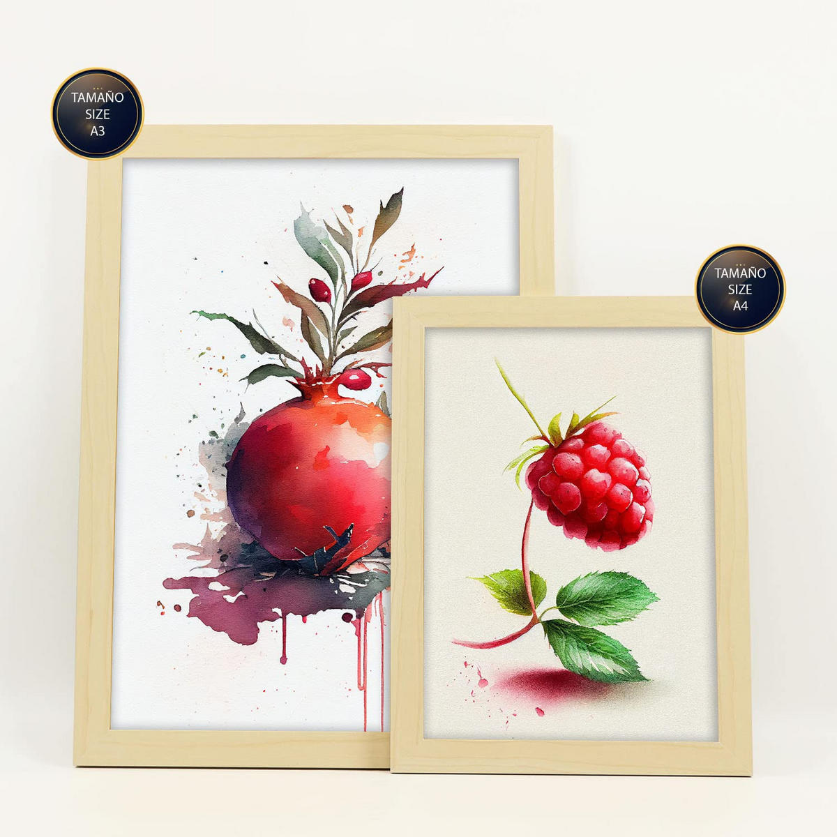 POSTER Set Mit 6 Sommerfrüchte Plakate Von Obst Gemüse & Gesunden Lebensmitteln Im Aquarell Kunst Auf Reinweißen A3 & A4 Rahmen Aus Hellem Holz - Beige, Papier (29/3cm) - Nacnic