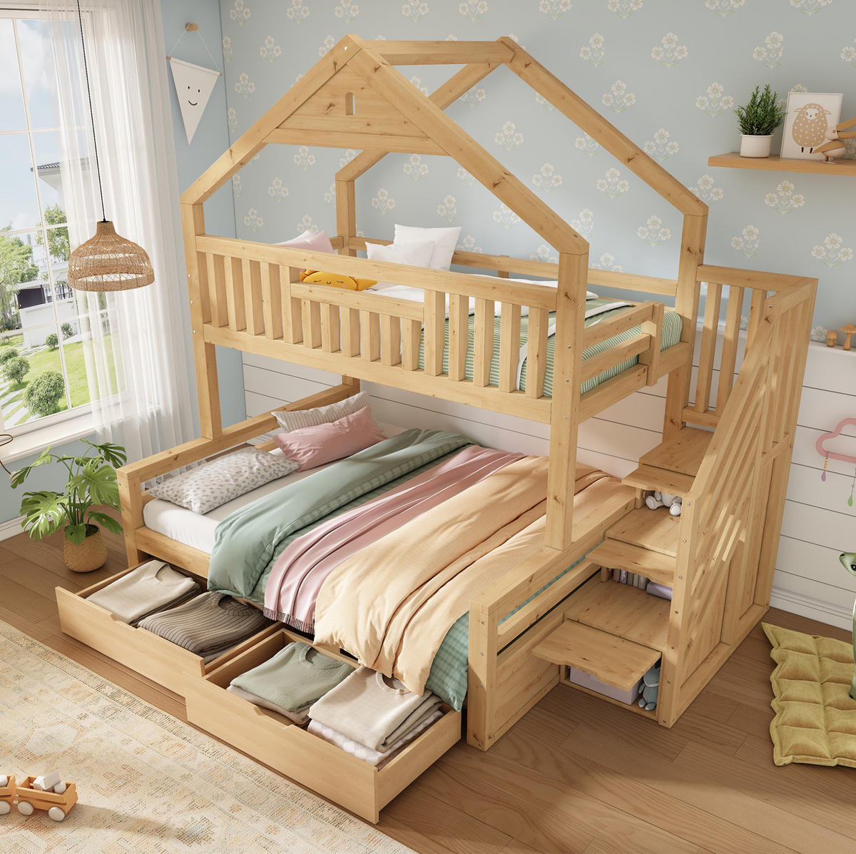 ETAGENBETT Holz 140x200 cm Eichefarben mit Treppenschrank, 2 Schubladen und Giebeldach - Eichefarben, Holz (140/200cm) - Modfu