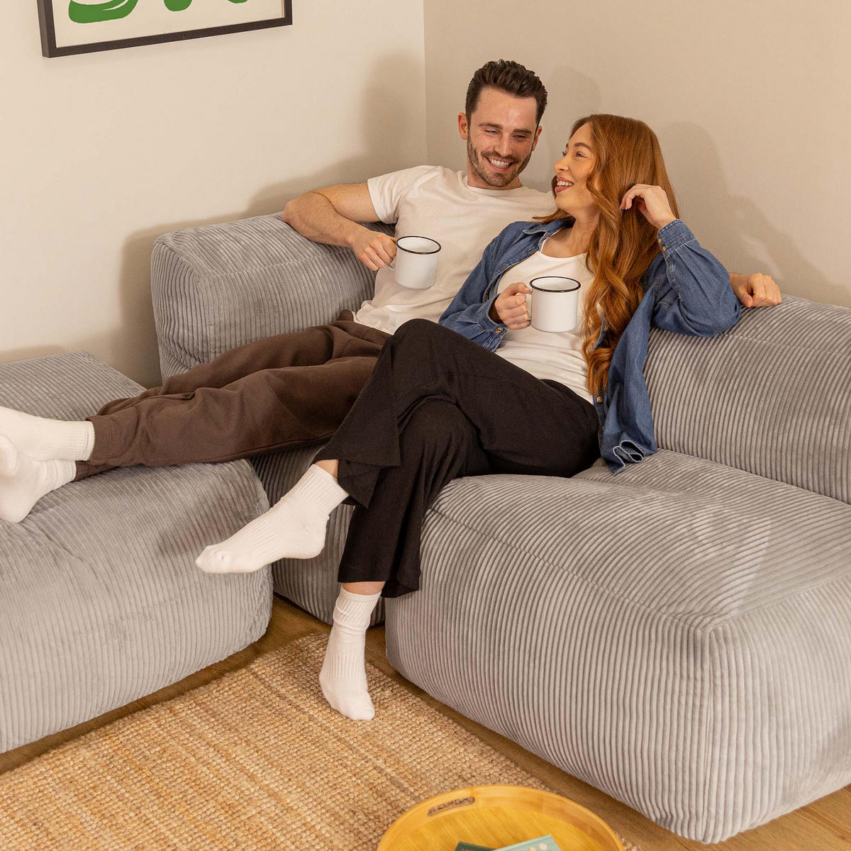 SITZSACK-SOFA 3-tlg. ZEN: Ecksessel, Sessel, Fußstütze - Grau, Textil (290/68/100cm) - icon