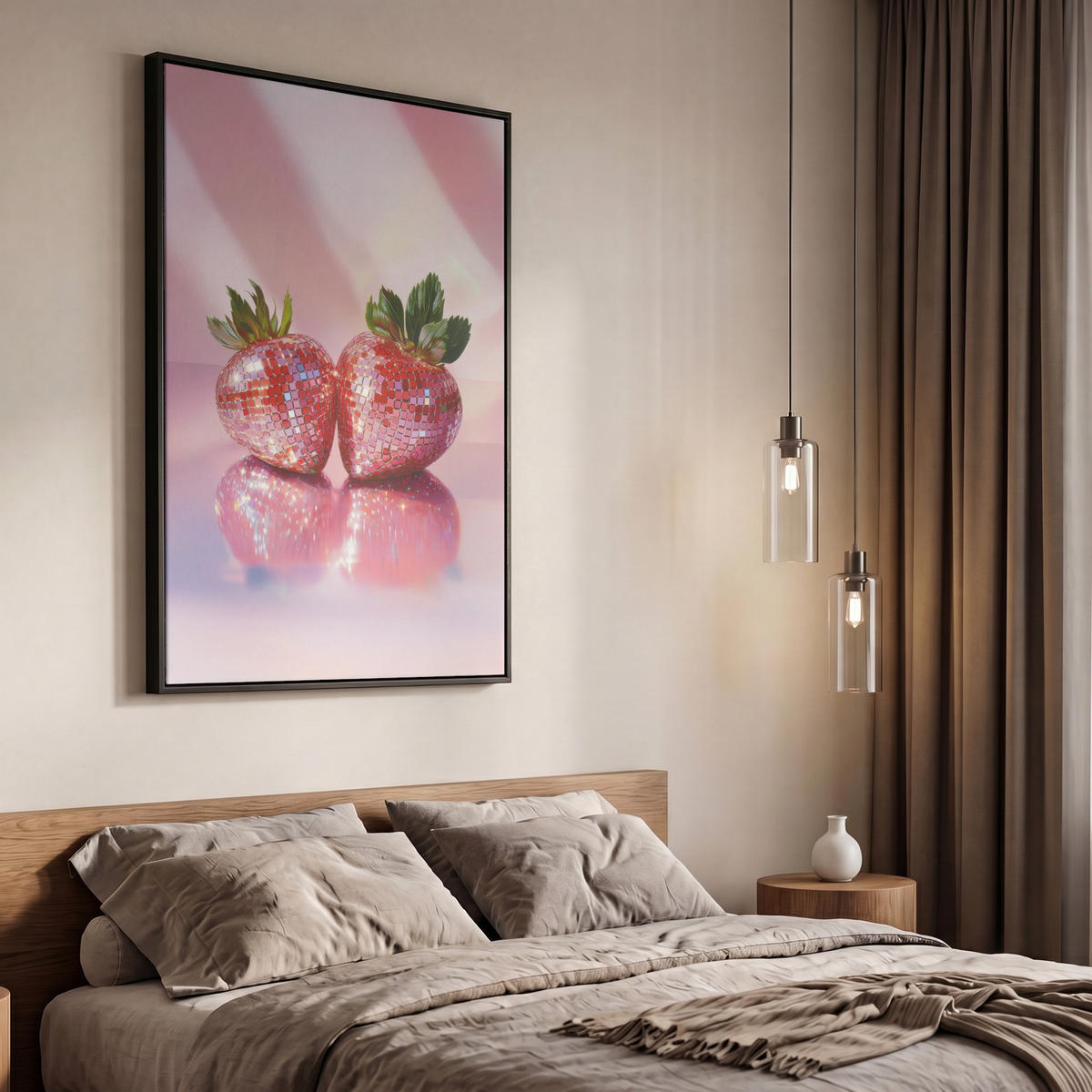 LEINWAND Bilder mit Rahmen - Disco - Obst - Glitzer - Erdbeere - 60x90 - Pink, Textil (60/90cm) - MuchoWow
