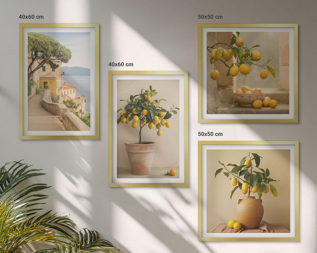 BILDER SET 4er Set - 50x50 cm & 40x60 cm Goldrahmen - Zitronenbäume im Topf - Goldfarben, Kunststoff (50/50cm) - TULUP