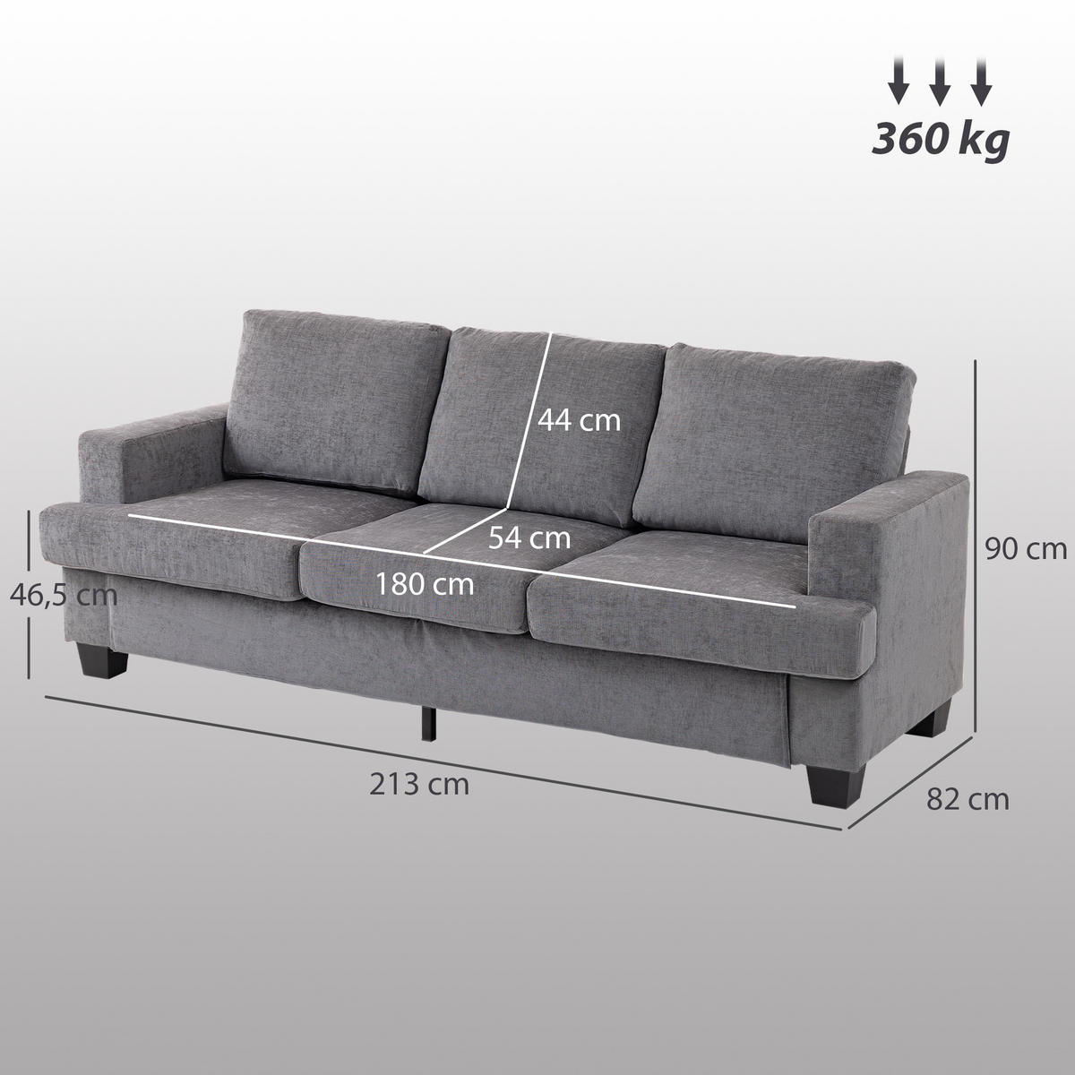 3-SITZER-SOFA DE-06547 Wohnzimmersofa für 3 Personen, Stahlrahmen Grau - Grau, Holz/Textil (82/90/213cm) - ComfortXL