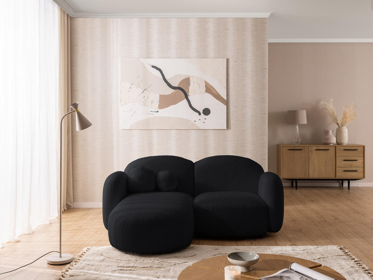 ECKSOFA Nuvola mit abgerundetem Design Schwarz Bouclé-Stoff - Ottomane Links - Schwarz, Holz/Kunststoff (190/146cm) - S-Style Möbel