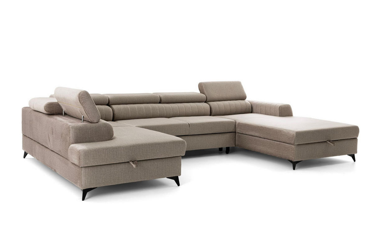 ECKSOFA U-Form PIERO U Links mit Schlaffunktion 125x260 Velours Beige - Beige/Schwarz, Holz/Textil (350/90/203cm) - Muffo