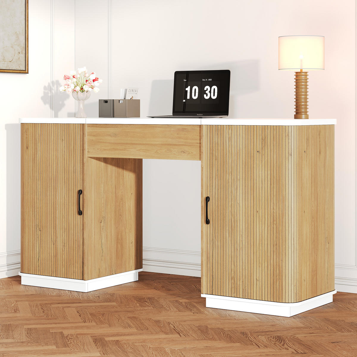 SCHREIBTISCH 140x50cm Höhenverstellbar Stauraum Weiß Eiche - Eiche Bianco, Holzwerkstoff (50/140/92cm) - FLIEKS
