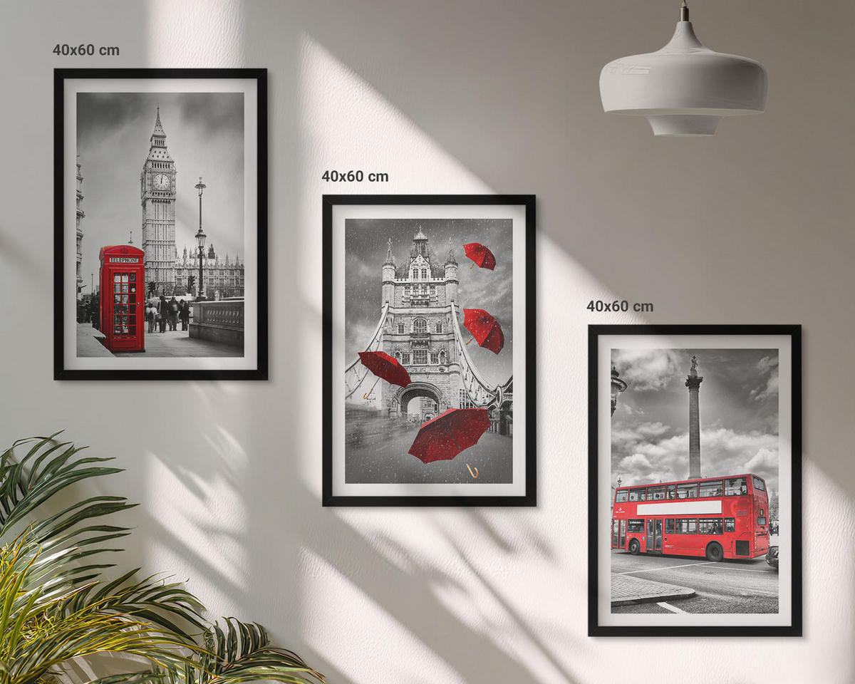 WANDBILDER 3er-Set - 40x60 cm Schwarzer Rahmen - Roter Regenschirmstand und Londoner Bus - Schwarz, Kunststoff (40/60cm) - ArtPrintCave