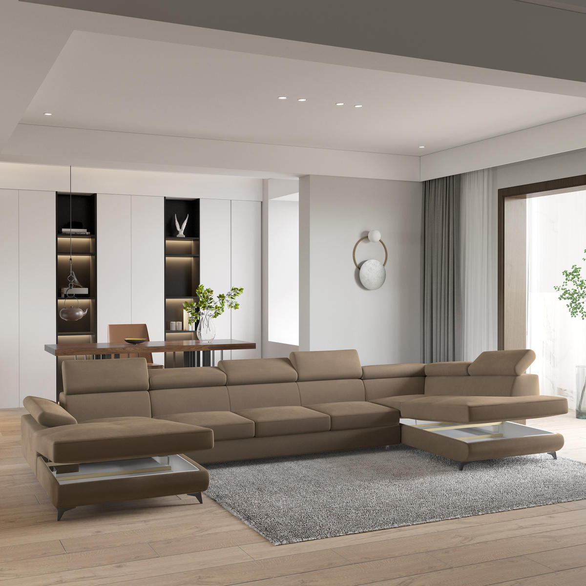 WOHNLANDSCHAFT MONTIVA Beige Velours-Stoff mit Schlaffunktion - Beige, Holz (410/89/190cm) - MASSENO