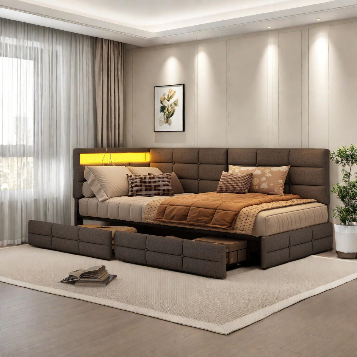 POLSTERBETT 90 x 200 cm, mit USB-Anschluss und LED-Beleuchtung, Einzelbett mit 2 Schubladen, Leinenbezug, grau - Grau, Holz (90/200cm) - WoodenAura